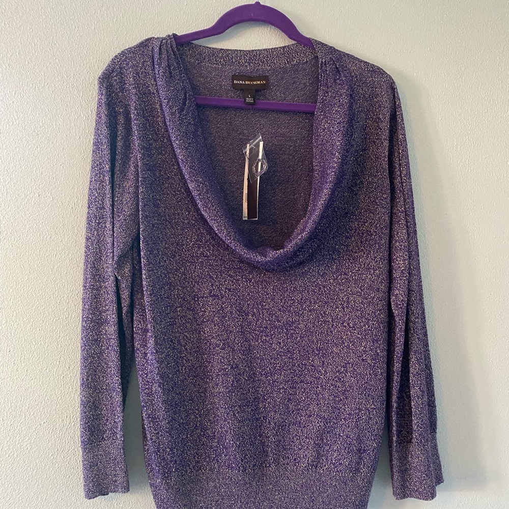 Dana Buchman Purple and Gold sparkle Cowl Neck Sweater